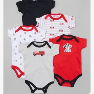 •Red & Black Firetruck Bodysuit (Set of Five)